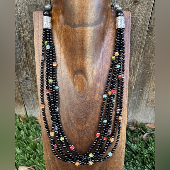 Sterling Silver Multi Strand Black Onyx Multi Stone Bead Necklace. 24 Inch